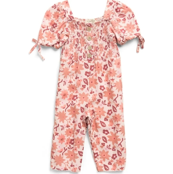 Jessica Simpson Other - NEW Jessica Simpson Pink Floral Smocked Button-Front Puff Sleeve Romper